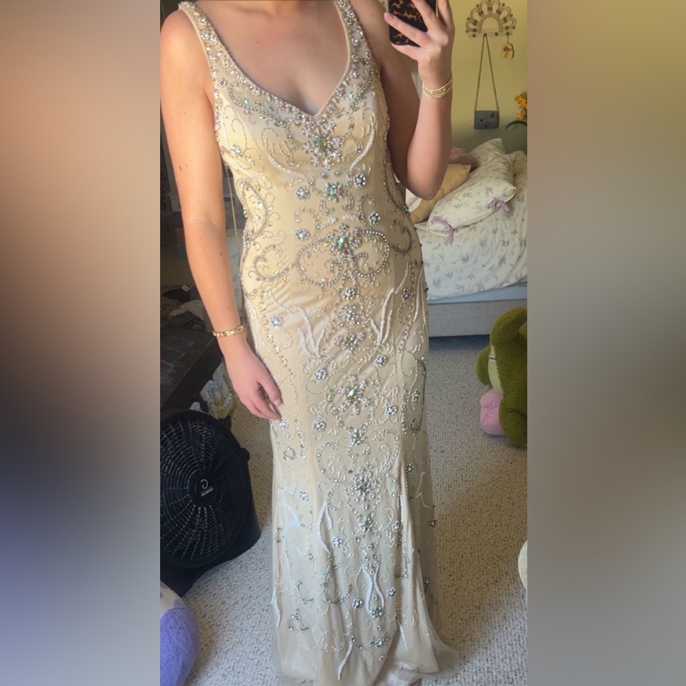 Elegant Beaded Cream Evening Gown